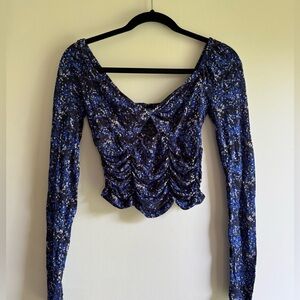 Urban Outfitters Juliana Crepe Cutout Blue Stars Long Sleeve Top - Small
